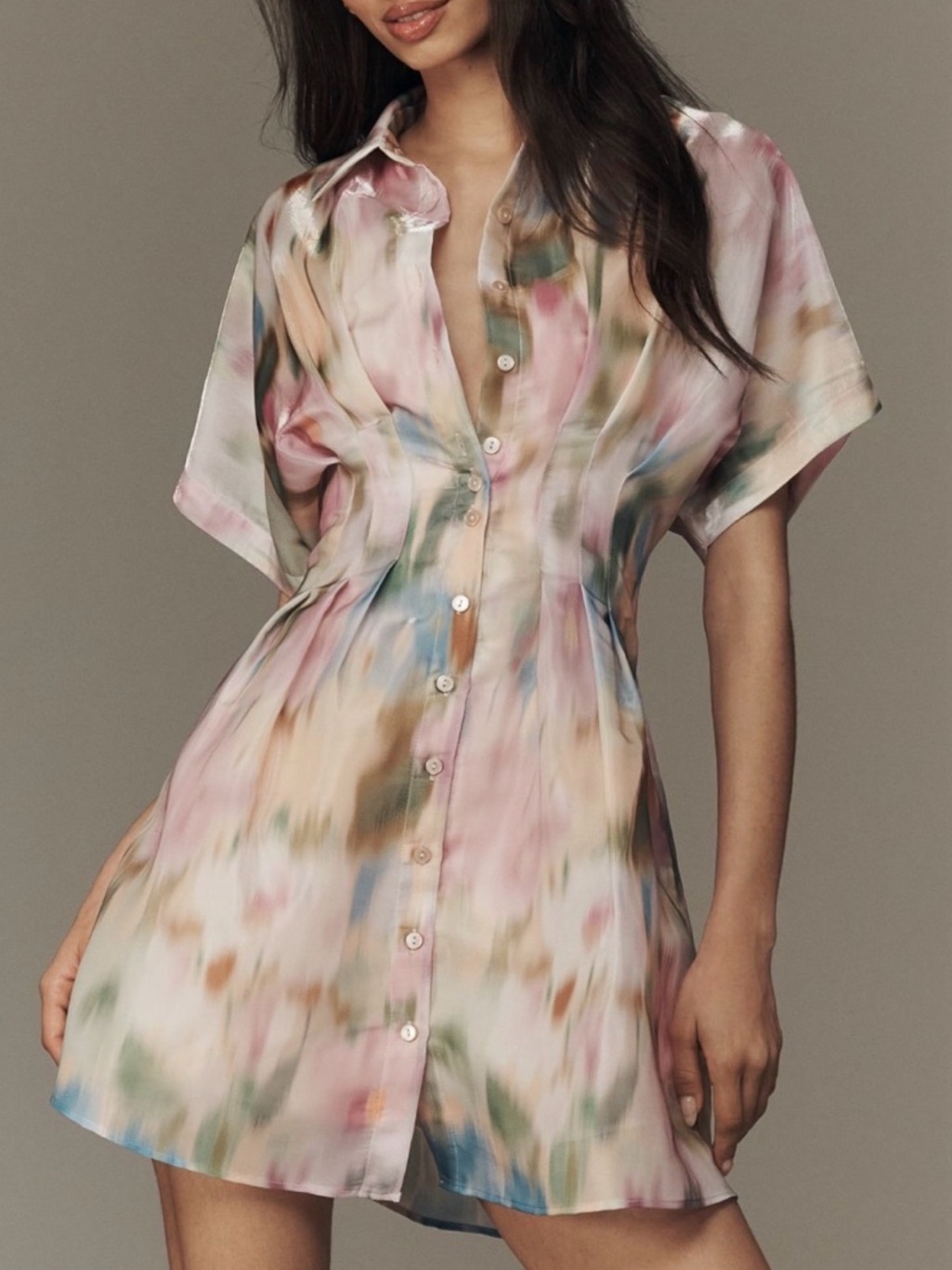 Anthropologie Exquise Pastel Watercolor Organza Button-Front Mini Dress